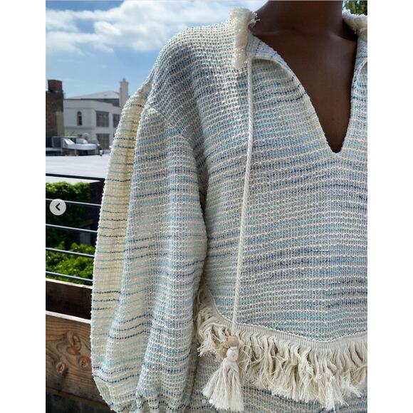 Something Navy Piper Fringe Dress Boho Tasseled Knitted Midi Cream Medium - Picture 2 of 9